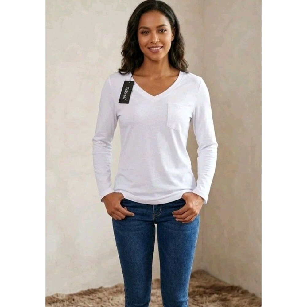 Tobrief Blouse Size S White Long Sleeve Front Pocket V Neck New